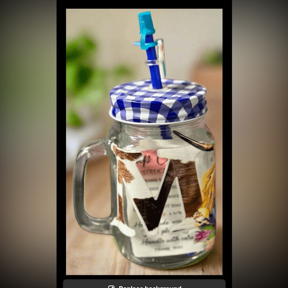 Handmade Cow and Letter M glass cup Blue Straw, straw lid and straw charm - Picture 2 of 3